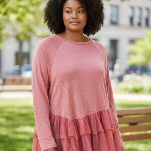 Indigo Thread Co Pink Ruffle Hem Peplum Long Sleeve Boho Top – Size M